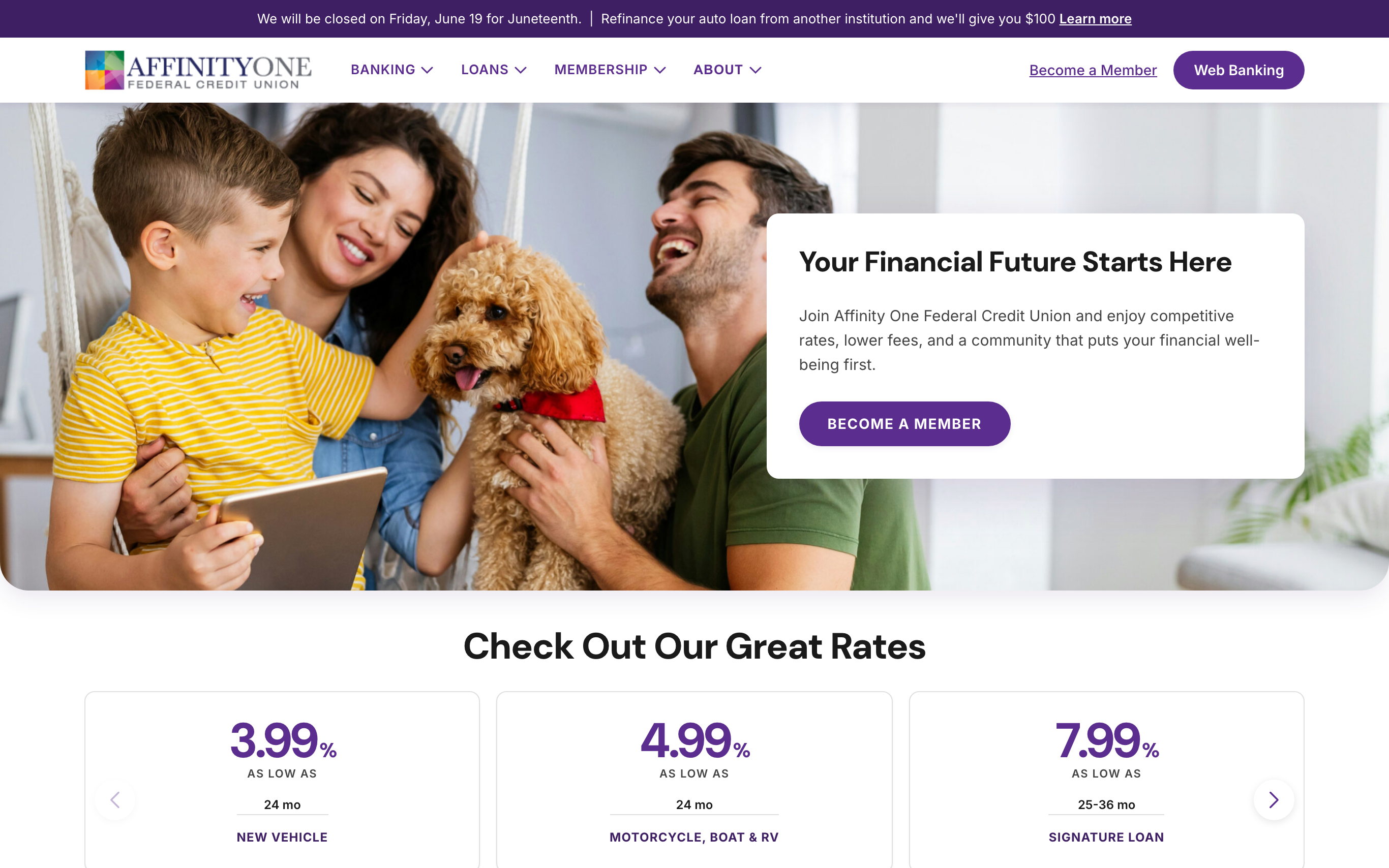 Screenshot of the affinityonefcu.org homepage