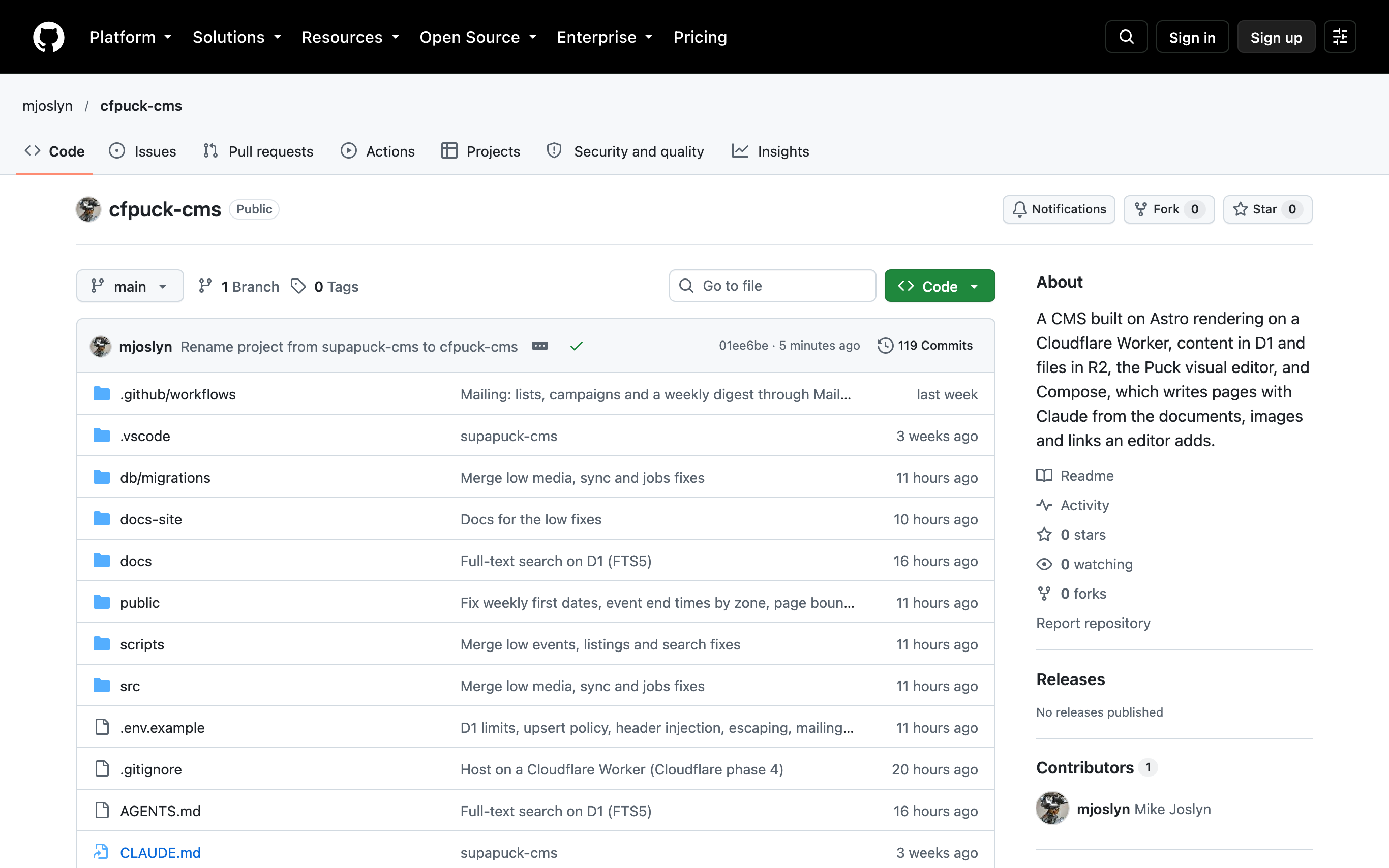 Screenshot of the cfpuck-cms repository