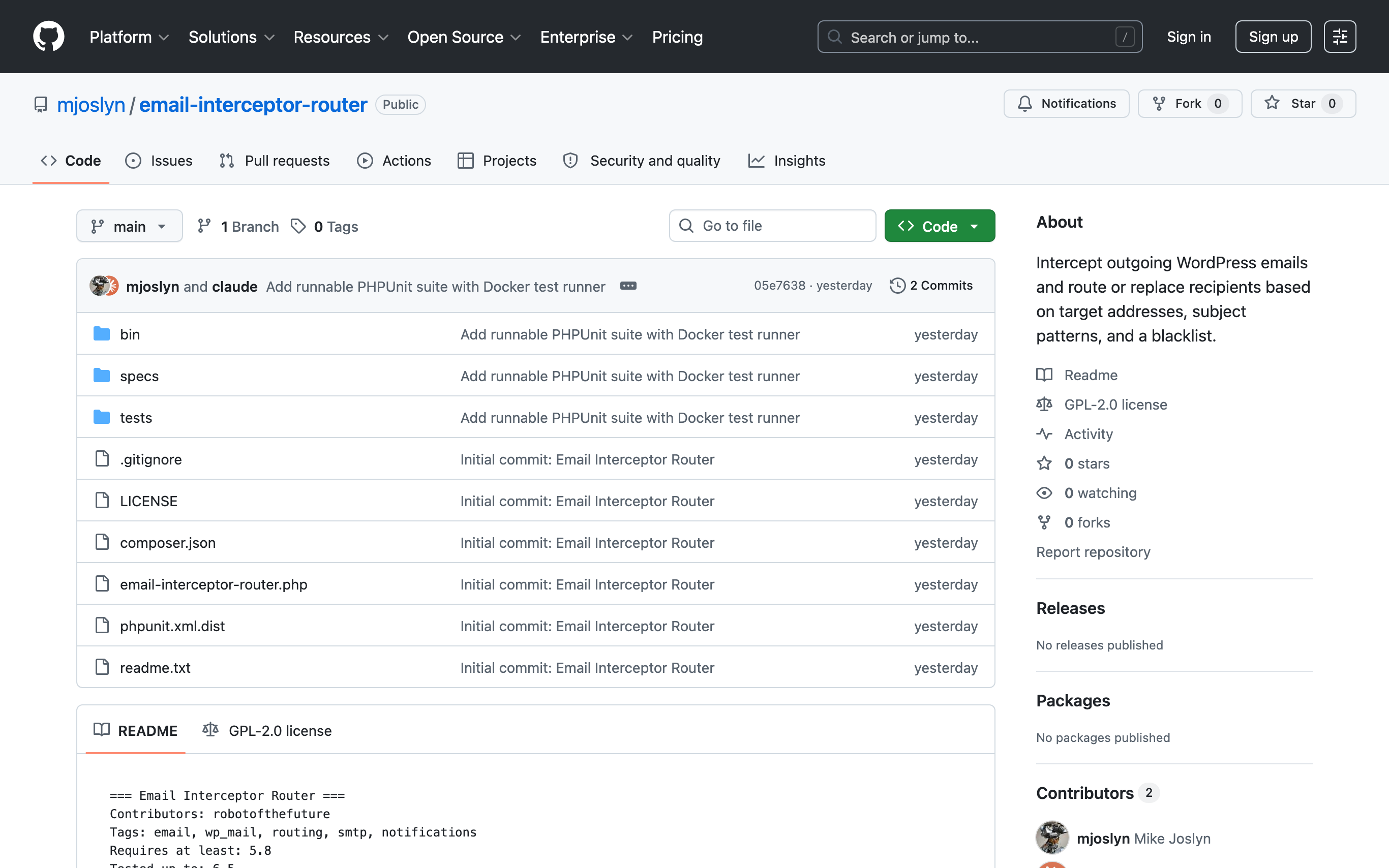 Screenshot of the Email Interceptor Router repository