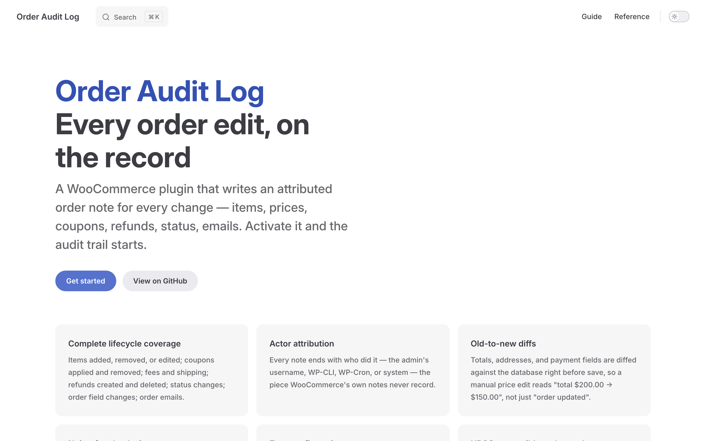 Screenshot of the Order Audit Log for WooCommerce documentation site