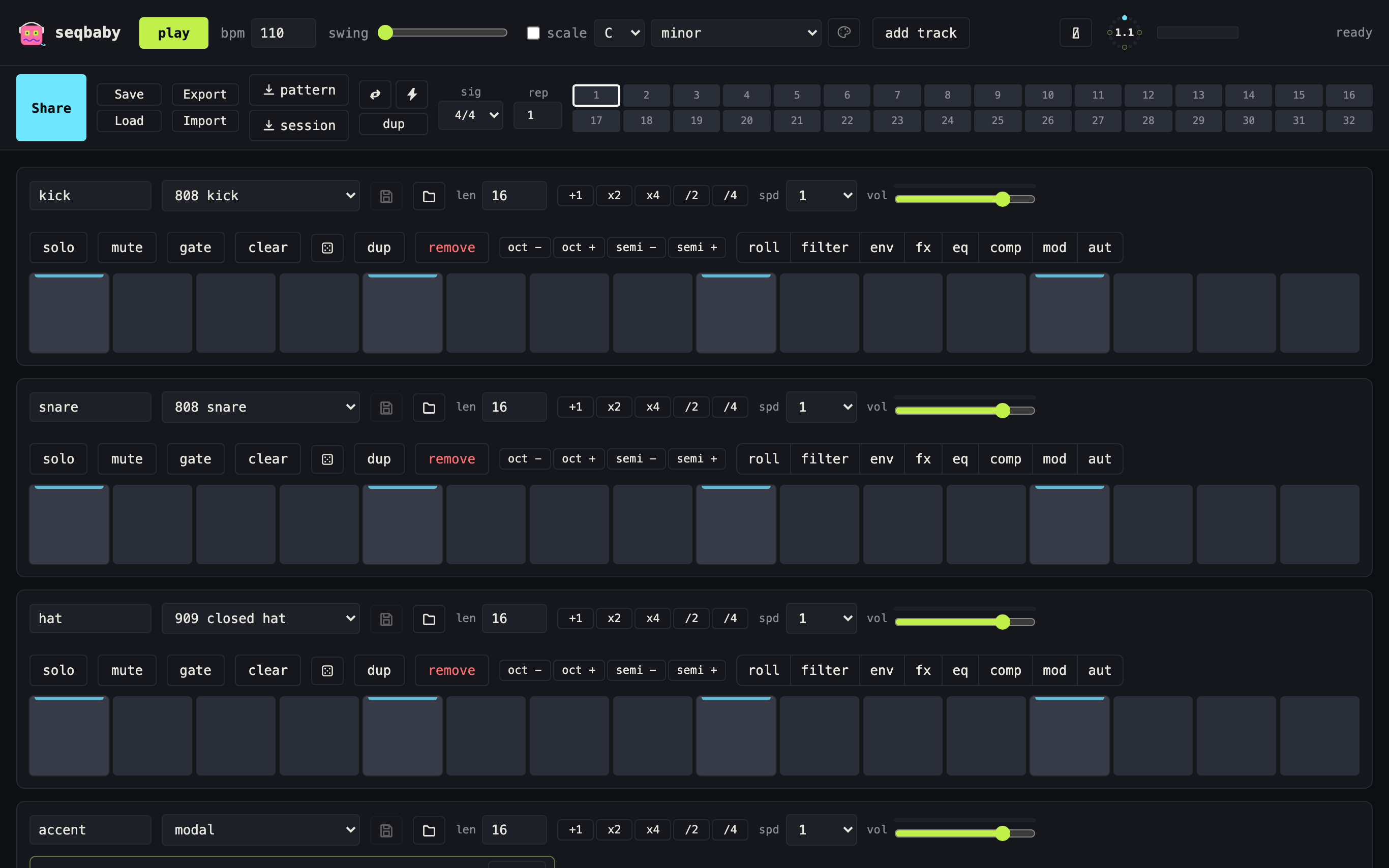 Screenshot of the seqbaby step sequencer interface